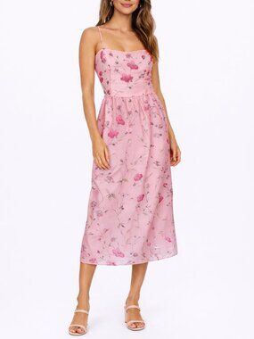 Laundry by Shelli Segal Pink Floral Beaded Midi Dress Coquette Size 10